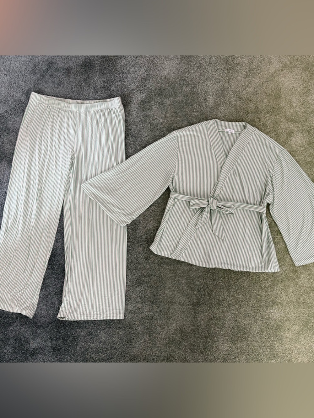 Striped Sage Green Wrap Pajama Set with Tie Waist